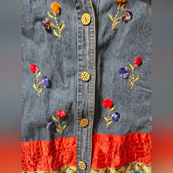 Life Style Mixed Media Embroidered Floral Denim Button Up Light Weight Coat - Picture 5 of 6
